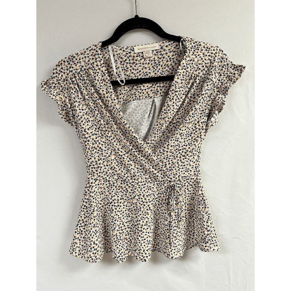 Monteau Los Angeles Womens Ruffle Sleeve Wrap Front Peplum Blouse Floral Small